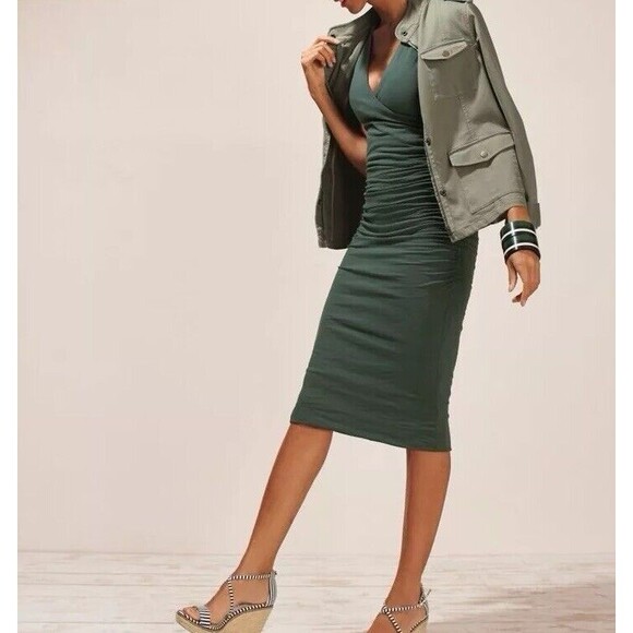 Boden Midi Dress Sz 6P Sleeveless Green Crossover Ruched Bodycon Slim Fit Cotton - Picture 11 of 11